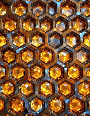 The primary subject of the image is a close-up of a honeycomb pattern, featuring a combination of yellow and orange colors. The setting is a honeycomb-like surface, possibly made of glass or a similar material. The visual style appears to be a close-up of a honeycomb pattern, possibly a digital art or illustration. The dominant colors in the image are yellow and orange, creating a warm and inviting atmosphere.