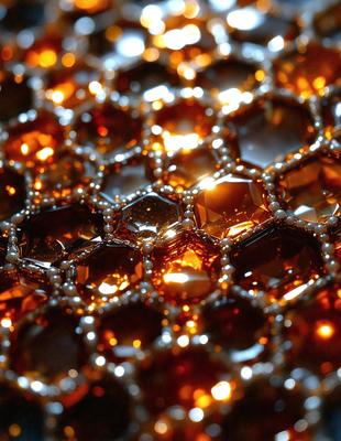 The primary subject of the image is a close-up of a honeycomb, showcasing its intricate structure and the golden hue of the honey. The setting is a honeycomb, and the visual style is a close-up of the honeycomb, highlighting its details. The colors and mood of the image are warm and inviting, with the honey's golden hue creating a sense of abundance and natural beauty.