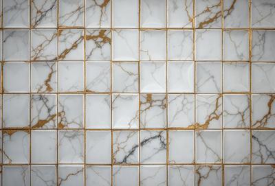 The primary subject of the image is a marble tile wall. The setting is a bathroom, with the wall being the main focus of the scene. The visual style is a close-up of the marble tile wall, showcasing its texture and pattern. The colors and mood of the image are predominantly white, giving it a clean and elegant appearance.