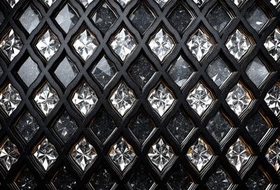 The primary subject of the image is a close-up of a black and white diamond pattern. The setting is a black background, and the visual style appears to be a pattern or texture. The dominant colors are black and white, creating a classic and elegant atmosphere.