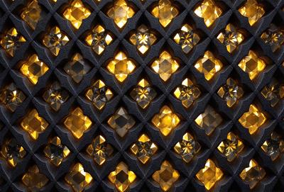 The primary subject of the image is a close-up of a patterned surface featuring a large number of yellow and clear crystals. The setting appears to be a black background, which contrasts with the bright yellow and clear crystals. The visual style of the image is a close-up of the patterned surface, showcasing the intricate details of the crystals. The colors and mood of the image are predominantly yellow and bright, creating a warm and inviting atmosphere.