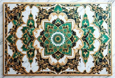 The primary subject of the image is a decorative, colorful, and intricately designed carpet. The carpet features a green and gold color scheme, with a central design that resembles a flower. The setting is a marble surface, which serves as the background for the carpet. The visual style of the image is a combination of digital art and illustration, creating a vibrant and eye-catching pattern. The colors and mood of the carpet are lively and inviting, making it an attract