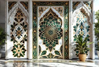 The primary subject of the image is a beautifully designed wall with a green and gold color scheme. The wall features a pattern of interlocking circles, giving it a unique and intricate appearance. The setting is a room with a potted plant placed in front of the wall, adding a touch of greenery to the space. The visual style of the image is a combination of digital art and illustration, creating a captivating and artistic display. The colors and mood of the image are warm and inviting, with the green