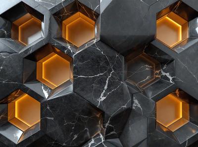 The primary subject of the image is a marble wall with a pattern of hexagons. The setting is a room with a black and white color scheme. The visual style is a combination of a photo and digital art, creating a unique and intricate design. The dominant colors are black and white, giving the wall a sleek and modern appearance.