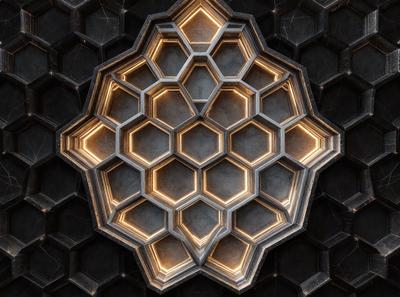 The primary subject of the image is a large, intricate, and ornate metal design, possibly a sculpture or a decorative piece. The setting is a dark room, which contrasts with the bright and shiny metal design. The visual style appears to be a combination of digital art and illustration, as the design is both detailed and visually appealing. The colors and mood of the image are predominantly dark, with the metal design being the main source of light and visual interest.
