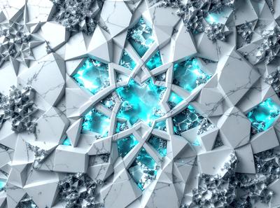 The primary subject of the image is a large, intricate, and colorful design made of white and blue diamond shapes. The design is set against a backdrop of a white marble surface, giving it a clean and elegant appearance. The visual style of the image is a combination of digital art and illustration, creating a unique and captivating pattern. The colors and mood of the image are predominantly white and blue, giving it a calm and serene atmosphere.