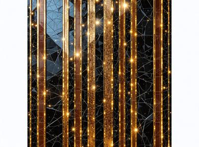 The primary subject of the image is a wall with a pattern of gold and black. The setting is a room with a black background, and the visual style is a photo. The dominant colors are gold and black, creating a bold and striking appearance.