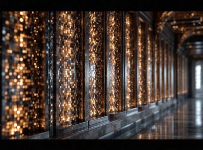 The primary subject of the image is a row of windows with a patterned design. The setting is a dark room, and the visual style appears to be a combination of a photo and digital art. The colors and mood of the image are predominantly dark, with the windows being the main source of light.