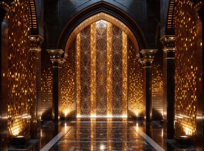 The primary subject of the image is a large, ornate archway with a patterned design. The setting is a hallway with a patterned wall, and the visual style is a combination of photo and digital art. The colors and mood of the image are predominantly gold and warm, creating a sense of luxury and grandeur.