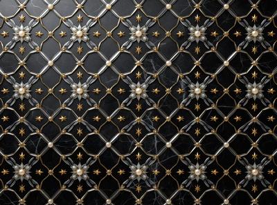 The primary subject of the image is a patterned wall with a black background. The pattern consists of a combination of gold and white elements, creating a visually appealing design. The setting appears to be a room with a black marble wall, which adds to the overall atmosphere of the space. The visual style of the image is a close-up of the pattern, showcasing the intricate details of the design. The colors and mood of the image are elegant and sophisticated, with the gold and white elements creating a