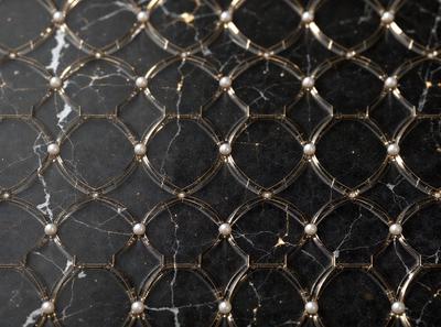 The primary subject of the image is a pattern of circles with pearls in the center. The circles are arranged in a marble-like pattern, giving the scene a sophisticated and elegant appearance. The setting is a black background, which contrasts with the circles and pearls, drawing attention to the pattern. The visual style is a combination of digital art and illustration, creating a unique and eye-catching design. The colors and mood of the image are predominantly black and white, with the pear