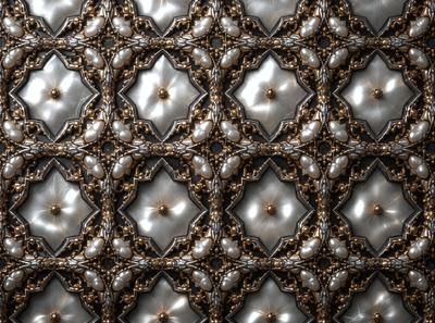 The primary subject of the image is a patterned wall made of metal, featuring a combination of gold and white colors. The setting is a room with a patterned wall, and the visual style appears to be a mix of digital art and illustration. The overall atmosphere is elegant and sophisticated, with the gold and white colors creating a sense of luxury and refinement.
