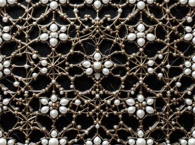 The primary subject of the image is a close-up of a beaded design, featuring a pattern of pearls and gold. The setting is a black background, which contrasts with the beaded design. The visual style is a combination of digital art and illustration, creating a unique and intricate pattern. The colors and mood of the image are predominantly black and gold, giving it a sophisticated and elegant appearance.