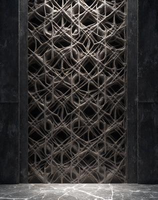 The primary subject of the image is a patterned wall, which features a unique design with a combination of white and brown colors. The setting is a room with a door, and the visual style appears to be a digital art or illustration. The overall atmosphere of the image is intricate and visually appealing.