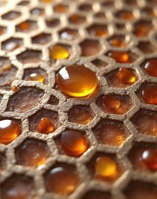 The primary subject of the image is a close-up of a honeycomb, showcasing the hexagonal structure and the honey dripping from it. The setting is a honeycomb, and the visual style is a close-up of the honeycomb. The colors and mood of the image are warm and inviting, with the honey's golden color and the honeycomb's natural texture creating a sense of freshness and abundance.