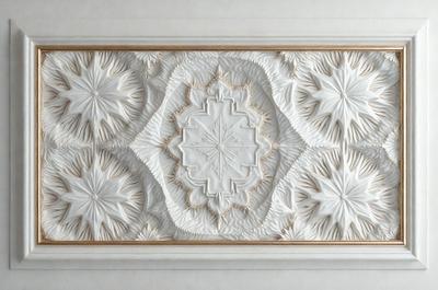 The primary subject of the image is a white, intricately designed wall with a pattern of white flowers. The setting is a room with a white wall, and the visual style appears to be a combination of digital art and illustration. The dominant colors are white, and the overall atmosphere is elegant and sophisticated.