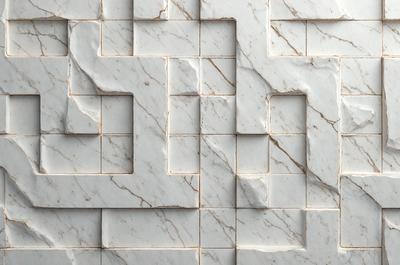 The primary subject of the image is a marble wall with a pattern of squares. The setting is a room with a white marble wall, and the visual style is a close-up of the marble wall. The dominant colors are white and grey, creating a clean and elegant atmosphere.
