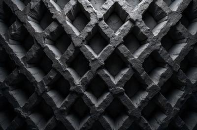 The primary subject of the image is a large, intricate stone wall with a pattern of diamond shapes. The setting is a dark room, and the visual style is a close-up of the stone wall. The colors and mood of the image are predominantly dark, with the stone wall being the main focus.
