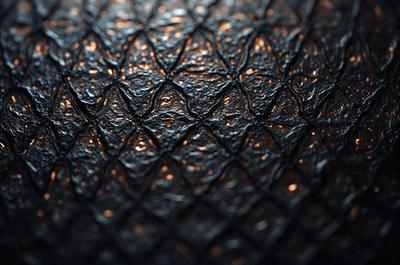 The primary subject of the image is a close-up of a black and white patterned surface, possibly a piece of fabric or a wallpaper design. The setting appears to be a dark room, with the patterned surface being the main focus of the image. The visual style is a close-up, which emphasizes the intricate details of the pattern. The colors and mood of the image are predominantly dark and moody, with the black and white pattern adding a sense of depth and contrast to the scene.