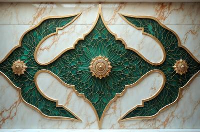 The primary subject of the image is a decorative design on a marble wall. The design features a green and gold color scheme, with a sun-like centerpiece. The setting is a marble wall, and the visual style appears to be a combination of digital art and illustration. The colors and mood of the image are vibrant and lively, with a focus on the intricate and ornate design.
