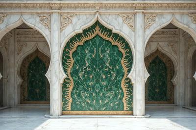 The primary subject of the image is a green and gold decorative archway, which is part of a building. The setting is an outdoor area with a marble floor. The visual style is a photo, capturing the intricate details of the archway. The colors and mood of the image are vibrant and lively, with the green and gold colors creating a warm and inviting atmosphere.