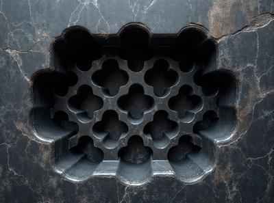 The primary subject of the image is a black and white pattern, which appears to be a decorative design or a piece of art. The setting is a black background, which contrasts with the pattern. The visual style of the image is a close-up of the pattern, showcasing its intricate details. The colors and mood of the image are predominantly black and white, giving it a classic and timeless appearance.
