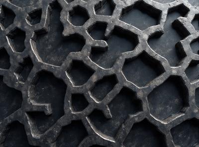 The primary subject of the image is a close-up of a metal surface with a pattern of hexagons. The setting is a dark room, and the visual style appears to be a combination of a photo and digital art. The dominant colors are black and silver, creating a moody atmosphere.