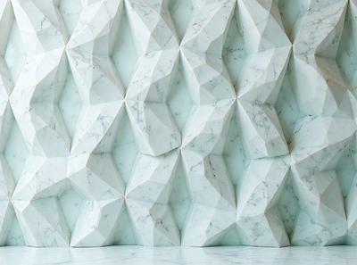 The primary subject of the image is a large, white marble wall with a patterned design. The setting is a room with a white floor, and the visual style appears to be a combination of a photo and digital art. The dominant colors are white and blue, creating a clean and modern atmosphere.