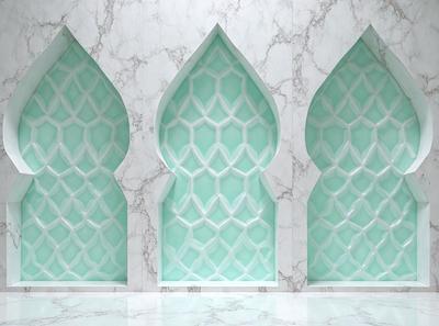 The image features a marble wall with three decorative arches or columns. The arches are adorned with intricate designs and are painted in a light blue color. The marble wall and the blue arches create a visually appealing and elegant atmosphere.