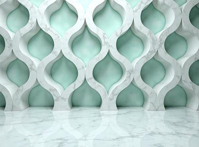 The primary subject of the image is a marble wall with a pattern of white and blue circles. The setting is a room with a white marble floor. The visual style is a photo of the marble wall, showcasing the intricate design and texture of the material. The colors and mood of the image are predominantly white and blue, creating a clean and elegant atmosphere.