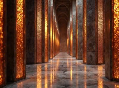The primary subject of the image is a long hallway with a row of tall, narrow, and brightly lit columns. The setting is a dimly lit room with a patterned floor, and the visual style appears to be a combination of a photo and digital art. The colors and mood of the image are predominantly dark, with the brightly lit columns providing a contrasting element.
