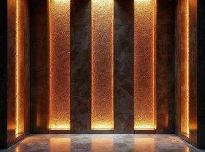The primary subject of the image is a long, narrow hallway with three walls. The setting is a dimly lit room, and the visual style is a photo. The colors and mood of the image are predominantly dark, with a few orange accents. The hallway is illuminated by a row of lights, creating a warm and inviting atmosphere.