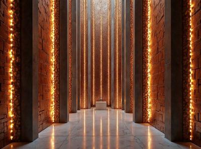 The primary subject of the image is a long hallway with a row of lights on the ceiling. The setting is a stone building, and the visual style appears to be a photo. The dominant colors in the image are orange and white, creating a warm and inviting atmosphere.