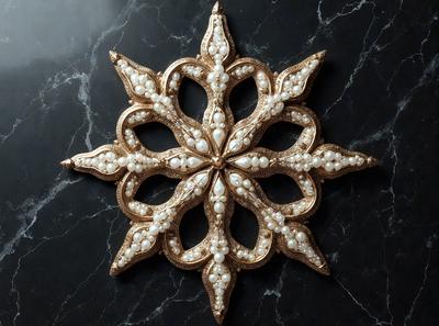 The primary subject of the image is a gold and white ornament, which appears to be a decorative piece. The setting is a black marble surface, which serves as the background for the ornament. The visual style of the image is a close-up, showcasing the intricate details of the ornament. The colors and mood of the image are predominantly gold and white, giving it a warm and elegant appearance.