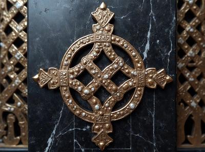The primary subject of the image is a gold and pearl cross, which is the main object, scene, or focus of the image. The setting is a black marble surface, and the visual style is a photo. The colors and mood of the image are predominantly gold and pearl, giving it a luxurious and elegant appearance.