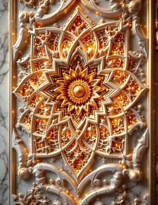The primary subject of the image is a beautifully designed wall with a golden sunflower pattern. The setting is a room with a marble wall, and the visual style is a combination of digital art and illustration. The colors and mood of the image are warm and inviting, with the golden sunflower pattern creating a sense of luxury and elegance.