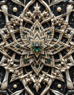 The primary subject of the image is a decorative design featuring a green gemstone in the center. The setting is a black and white background, which adds a sense of contrast and elegance to the scene. The visual style is a combination of digital art and illustration, creating a unique and intricate pattern. The colors and mood of the image are predominantly black and white, with the green gemstone serving as a focal point and adding a touch of vibrancy to the overall design.