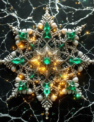The primary subject of the image is a beautifully crafted silver star decoration. The star is adorned with green and white beads, giving it a unique and eye-catching appearance. The setting is a black background, which contrasts well with the silver star and its beads. The visual style of the image is a combination of digital art and illustration, creating a stunning and intricate design. The colors and mood of the image are predominantly green and white, giving it a fresh and elegant feel.