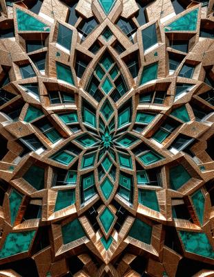 The primary subject of the image is a large, intricate, and colorful design, possibly a mosaic or a pattern, featuring a mix of green and brown colors. The setting is a building with many windows, which adds to the overall atmosphere of the scene. The visual style of the image is a close-up of the design, showcasing its intricate details. The colors and mood of the image are vibrant and lively, creating a sense of energy and creativity.