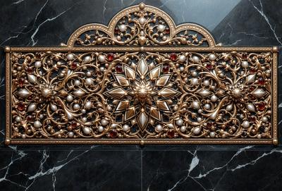 The primary subject of the image is a decorative piece, possibly a wall hanging or a piece of art, featuring a gold design with red jewels. The setting is a black marble surface, which serves as the background for the artwork. The visual style appears to be a combination of digital art and illustration, creating a unique and intricate design. The colors in the image are predominantly gold and red, giving the piece a luxurious and elegant appearance.
