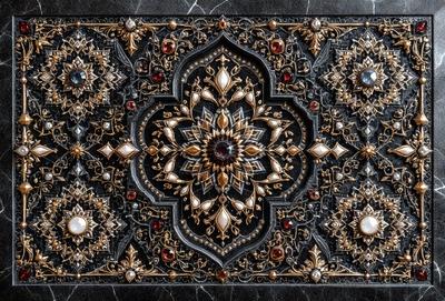 The primary subject of the image is a decorative piece featuring a gold and black design. The setting is a black marble surface, which provides a contrasting background. The visual style is a combination of digital art and illustration, creating a unique and intricate pattern. The colors in the image are predominantly gold and black, giving the piece a sophisticated and elegant appearance.