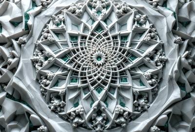 The primary subject of the image is a white, intricately designed circular pattern, which appears to be a decorative piece or a part of a larger structure. The setting is a white marble surface, which adds to the elegance and sophistication of the design. The visual style of the image is a combination of photo and digital art, as it captures the intricate details of the pattern while also showcasing the artistic elements that make it unique. The colors and mood of the image are predominantly white