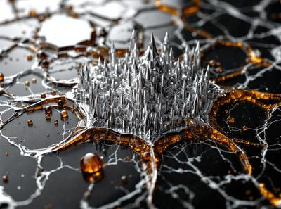 The primary subject of the image is a large, intricate, and detailed cityscape, possibly a digital art or illustration, set against a black background. The cityscape is composed of numerous buildings, some of which are tall and pointy, giving the scene a futuristic and modern appearance. The visual style of the image is a combination of realistic elements and artistic expression, creating a unique and captivating representation of a city. The colors and mood of the image are predominantly dark, with the city