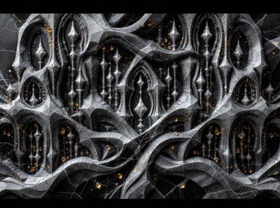 The primary subject of the image is a black and white patterned wall. The setting is a dark room with a patterned wall that features a design of interconnected lines. The visual style is a combination of digital art and illustration, creating a unique and intricate pattern. The colors and mood of the image are predominantly dark and moody, with the black and white pattern adding a sense of depth and complexity to the design.