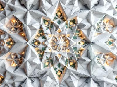 The primary subject of the image is a white, geometric design with a star-like pattern. The setting is a white marble wall, which serves as the background for the intricate pattern. The visual style of the image is a combination of digital art and illustration, creating a unique and eye-catching design. The colors and mood of the image are predominantly white, giving it a clean and minimalist appearance.