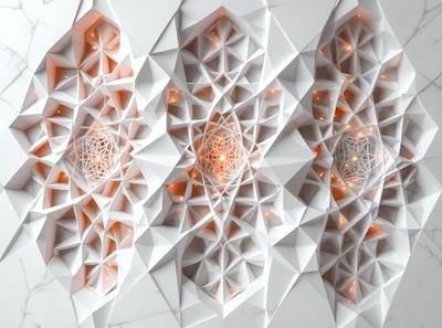 The primary subject of the image is a white wall with a pattern of lights on it. The wall appears to be made of white stone, and the lights are arranged in a geometric pattern. The setting is indoors, and the visual style is a combination of digital art and illustration. The colors and mood of the image are predominantly white, with a touch of orange from the lights, creating a clean and modern atmosphere.