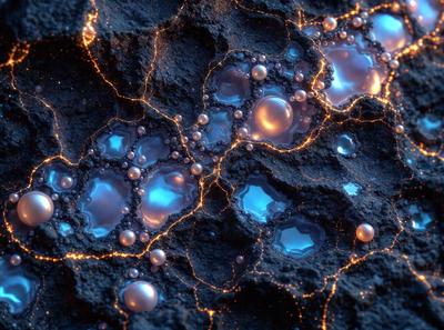 The primary subject of the image is a close-up of a rock with blue and orange bubbles on it. The rock appears to be a dark grey color, and the bubbles are scattered all over the surface. The setting is a dark environment, possibly a cave or an underground space, which adds to the mysterious and intriguing atmosphere of the scene. The visual style of the image is a combination of photo and digital art, creating a unique and captivating visual experience. The dominant colors in the image are blue