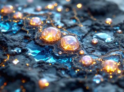 The primary subject of the image is a close-up of a rocky surface with a blue and yellow color scheme. The setting is a rocky terrain, and the visual style appears to be a combination of photo and digital art. The dominant colors are blue and yellow, creating a vibrant and luminous atmosphere.