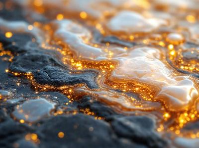 The primary subject of the image is a close-up of a rock with a yellowish, glowing substance on it. The setting appears to be a rocky surface, and the visual style is a close-up, possibly a photo or a digital artwork. The colors and mood of the image are predominantly yellow and warm, creating a sense of warmth and natural beauty.
