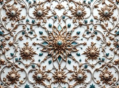 The primary subject of the image is a beautifully designed wall with a gold and blue color scheme. The wall features a pattern of flowers and leaves, giving it an intricate and ornate appearance. The setting is a room with a white background, which highlights the vibrant colors of the wall design. The visual style of the image is a combination of digital art and illustration, creating a unique and eye-catching pattern. The overall atmosphere of the image is elegant and sophisticated, with the gold and blue colors ev
